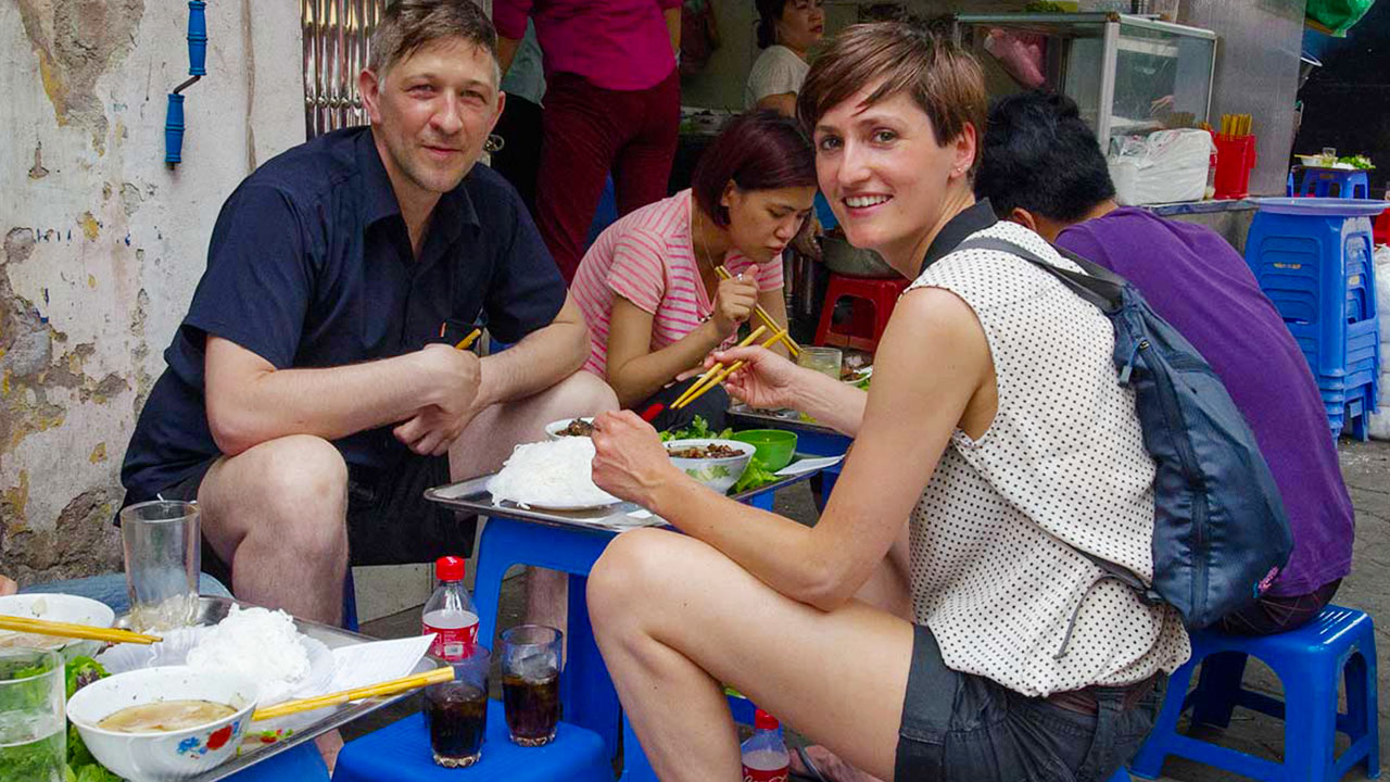 Eating bun cha in Hanoi