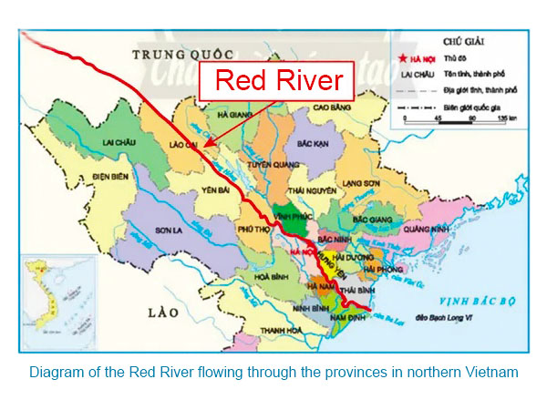 Diagram of the Red River flowing through the provinces in northern Vietnam