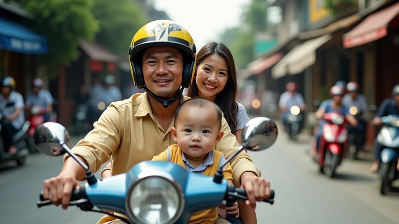 A small family riding a motorbike