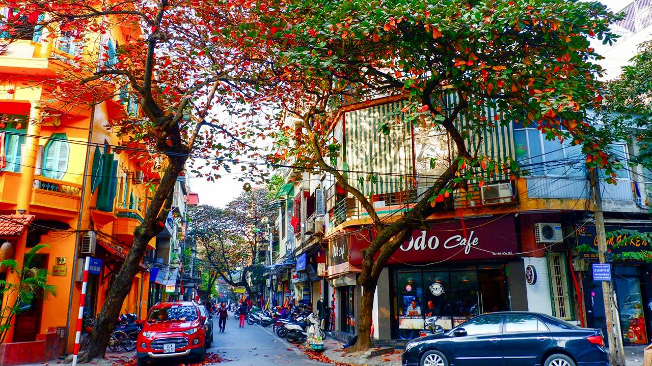 Phố Cổ Hà Nội mùa thu với lá vàng rơi và ánh nắng dịu