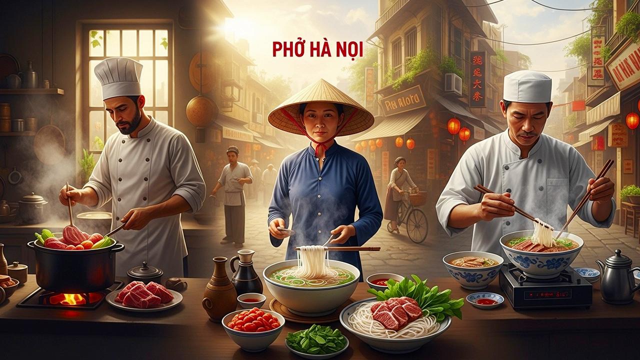 Minh họa lịch sử nguồn gốc phở Hà Nội – giao thoa ẩm thực Pháp, Hoa và Việt.